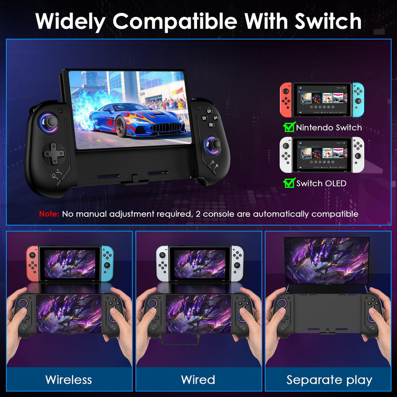 Moonag Switch Controllers Compatible with Nintendo Switch/OLED, Hall Effect One-Piece Controllers with 6-Axis Gyro, Motion Control, Wake-up, Dual Vibration, Turbo, 1000mAh Battery, Black