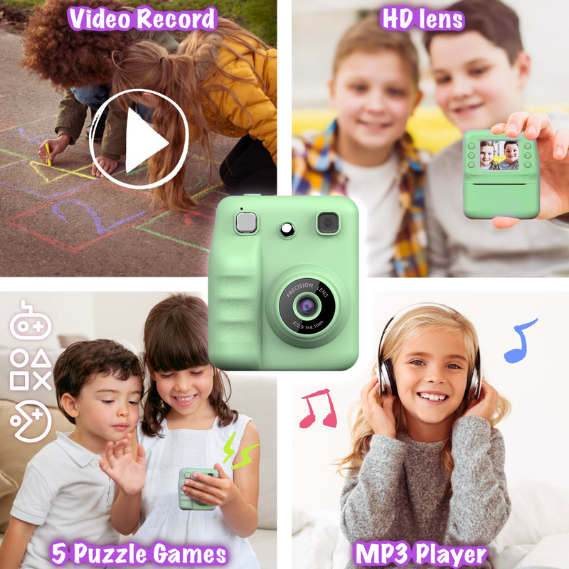 Kids Instant Print Camera for Girls Boys Christmas Birthday Gift (Green) | Digital Camera with 1080p Videos, Print Paper and 32GB Card, Portable Travel Cameras Toy for 3, 4, 5-12 Year Old Girls Boy Green
