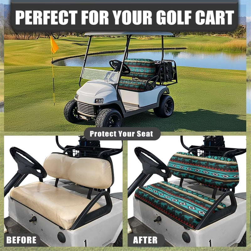Golf Cart Seat Covers Anti-Fading Bench Seat Covers Kit Printed for Yamaha Club Car and Most Original Front Seat Green Aztec Horse