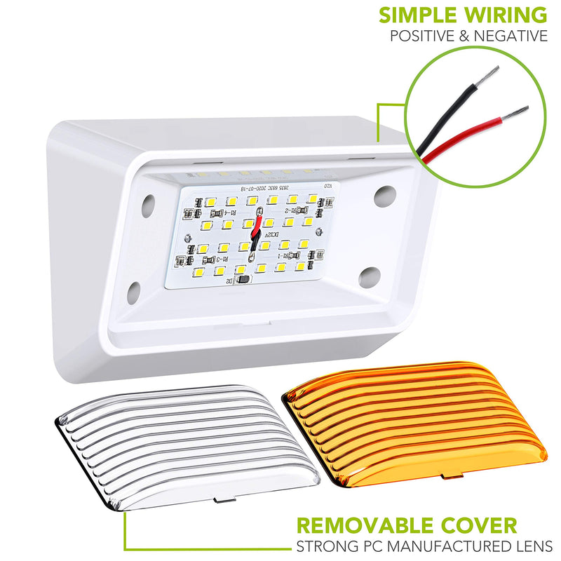Leisure LED RV Exterior Porch Utility Light - 12v 280 Lumen Lighting Fixture. Replacement Lighting for RVs, Trailers, Campers, 5th Wheels. White Base, Clear and Amber Lens Included (White, 2-Pack)