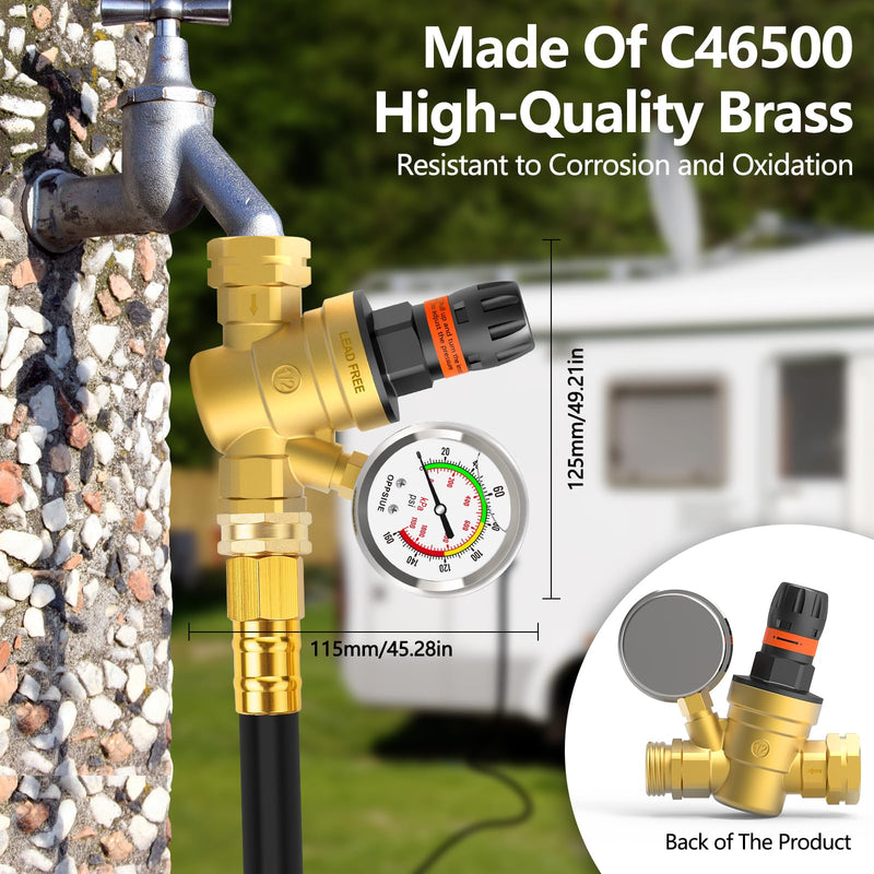 RV Water Pressure Regulator, Handle Adjustable Knob No Tool Required Pressure Regulator,Brass Lead-Free Water Pressure Reducer with Gauge for RV Camper Travel Trailer,Suitable for NH Thread stainless steel gauge