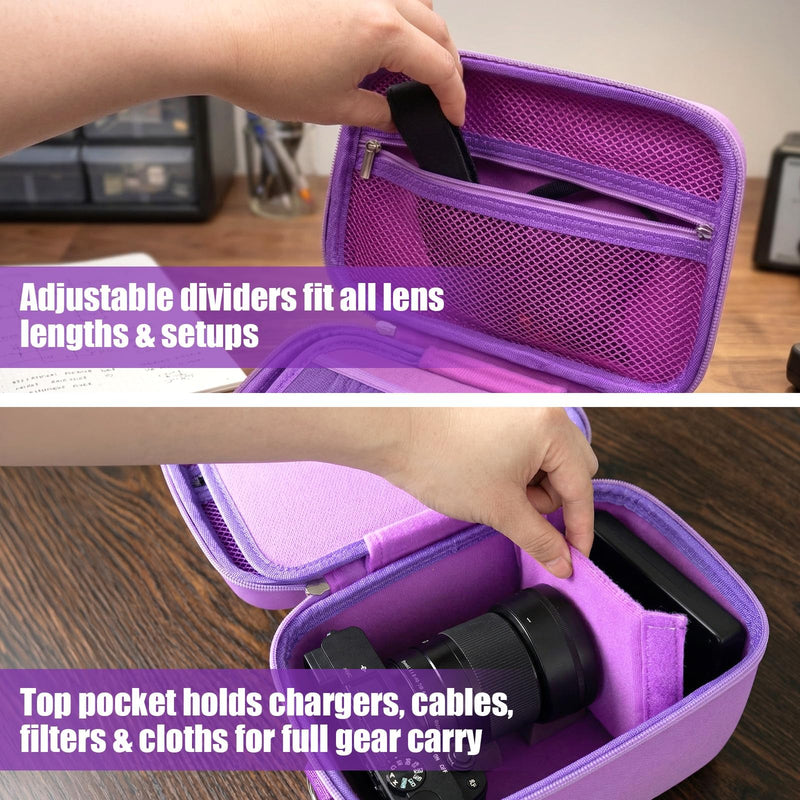 casmilee Mirrorless Camera Case for Sony a6400/a6700/a6100/a6000 | Adjustable Dividers, Padded Multi-Layer Protection, Lens and Accessory Storage, Shoulder Strap, Case Only, Purple