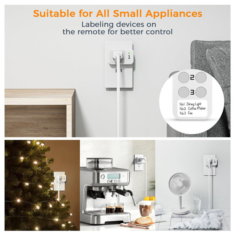 Remote Control Outlet, TESSAN Electrical Light Switch, Plug in Wall Plug with ON/Off Switch for Indoor String Lights, Lamps, Home Small Appliances, 100ft Range (1 Remote + 3 Outlets) Rectangle-1 remote+3 outlet