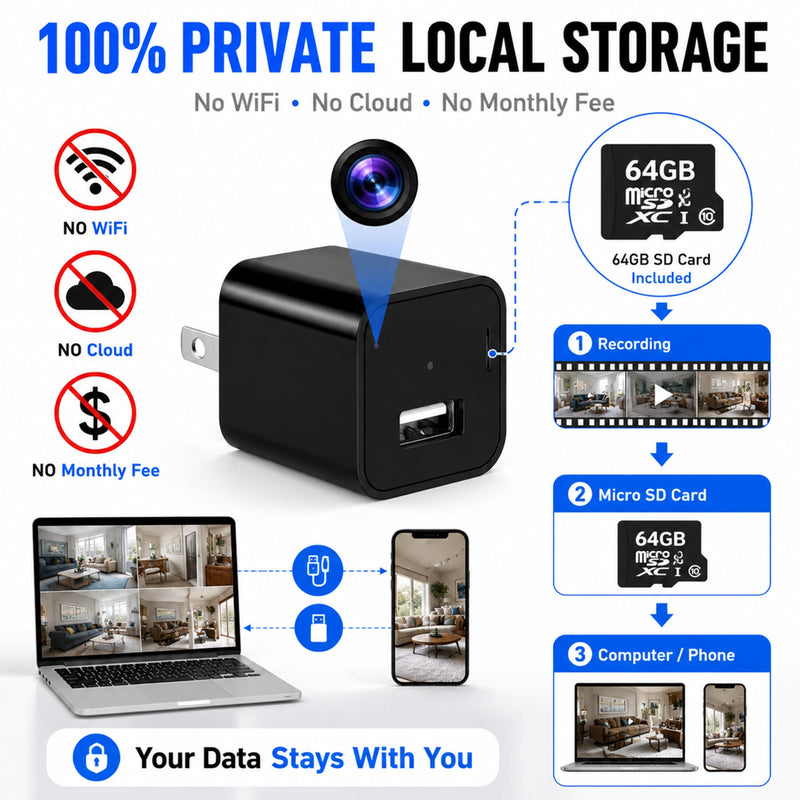 64G USB Charger Hidden Camera, 1080P Motion Detection Indoor Security Camera with SD Card Included, No WiFi/Monthly Fee, 106° Wide Angle, Local Storage Home Monitoring Device (2026 Upgraded) Silver Black