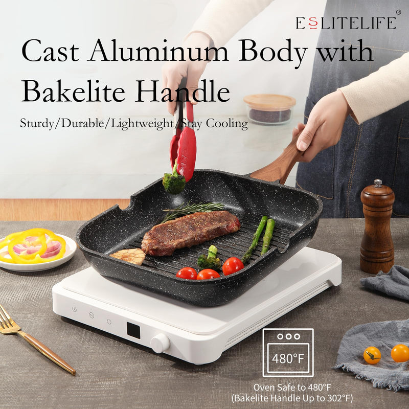 ESLITE LIFE Nonstick Grill Pan for Stove Tops, Versatile Griddle with Pour Spouts, 9.5 Inch Square Big Grilling Skillet Steak Pan for Indoor & Outdoor Cooking, PTFE & PFOA Free, Black 9.5" w/No Accessories