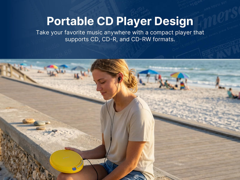 Emerson EPCD-2003 Portable CD Player with FM Radio, Bluetooth 5.3 AudioStream™, 60-Second Anti-Shock, 20-Track Memory, LCD Display, Dual Power (Micro-USB/Battery) & Earphones Included Gray