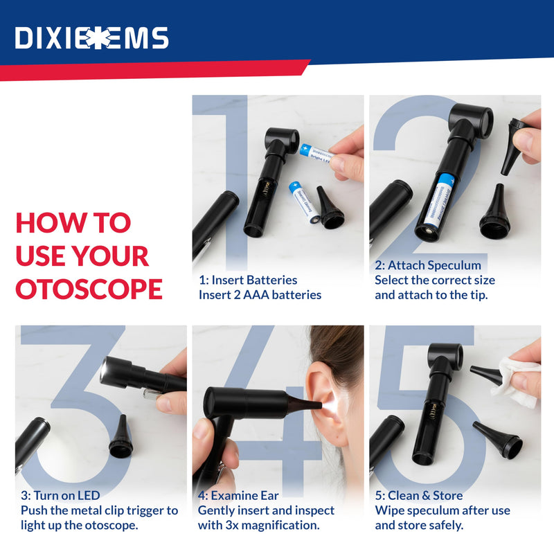 Dixie Ems Basic Medical Pocket Size Otoscope with LED Light, Clip and 4 Specula Sizes for Students, EMTs, Nurses, Doctors, and Vets