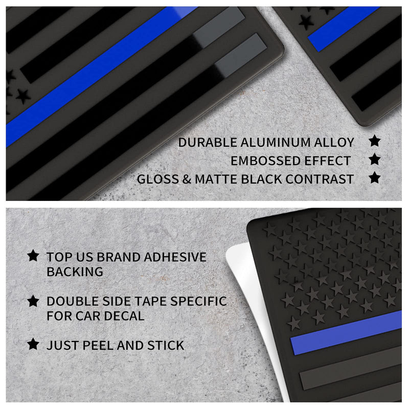 Embossed 3D Metal Thin Blue Line All Black American Flag Emblem Decal Stickers (1 Pair), Matte Black 5" x 3" Patriotic USA US Flag Decals for Car, Truck, Motorcycle Honoring Police Law Enforcement Thin Blue Line 1 Pair 5" x 3"