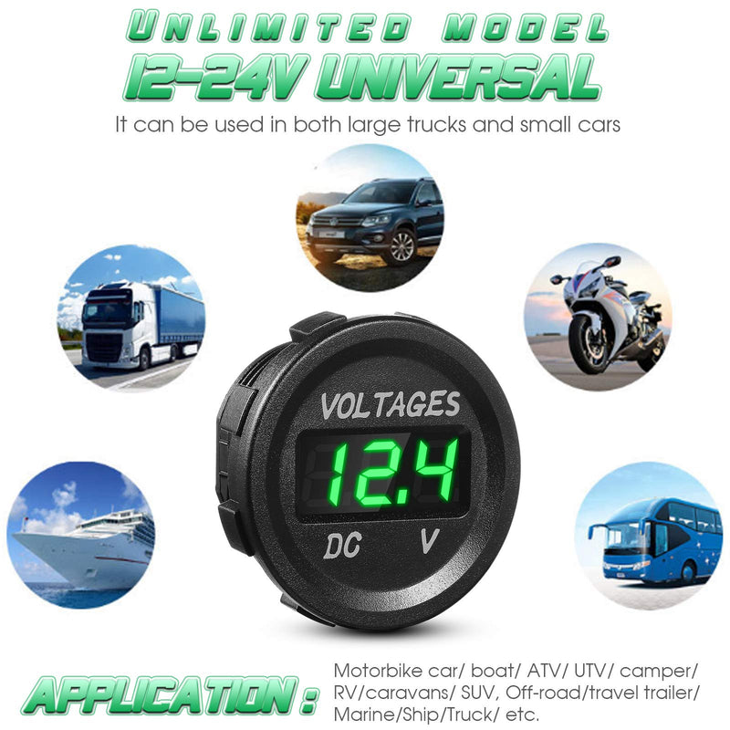 Frienda 4 Pieces DC 12V Car Voltage Gauge LED Display Waterproof Voltmeter Digital Round Panel Voltmeter Compatible with Vehicle Motorcycle Truck Camper Caravan ATV UTV Car Boat (Green) Green