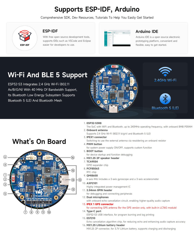 Waveshare ESP32-S3 1.75inch AMOLED Round Touch Display Development Board, 32-bit LX7 Dual-core, 466×466, QSPI, Dual Digital Microphones Array, ESP32 with Display, with GPS