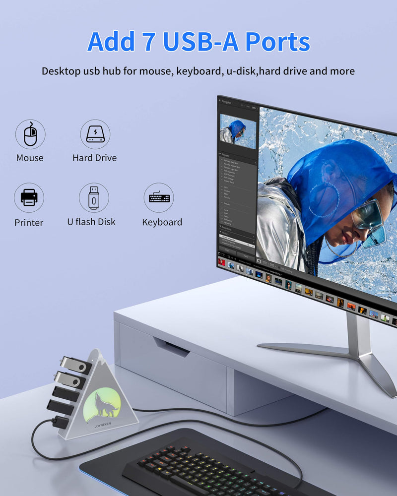 7 Port USB Hub, JoyReken USB 3.0 Hub with 2 FT Long Cable, Vertical USB Extension Hub for Laptop, MacBook,Xbox,PS4/5, Flash Drive, XPS, PC, Flash Drive, Game Console, Printer, Keyborad, Mouse (Silver) 2ft Silver