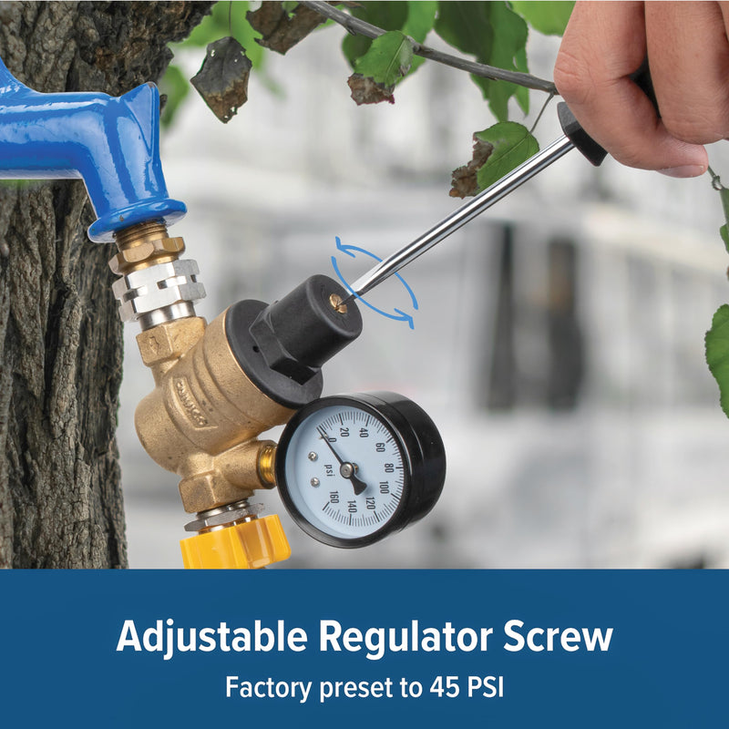 Camco Adjustable RV/Marine Brass Water Pressure Regulator | Help Stop Damage to RV/Marine Appliances, Plumbing Fixtures, and Hoses | Features Standard Garden Hose Threads for Simple Hookup | (40058)