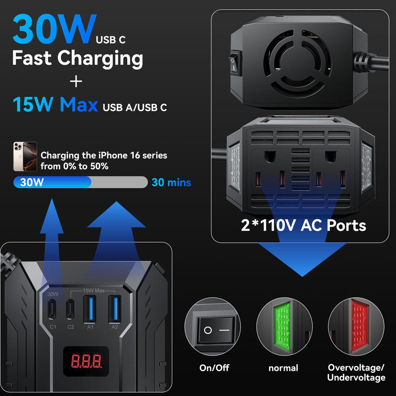 400W Car Power Inverter DC 12V to 110V AC Inverter with PD 30W/15W+2*USB A Ports & 2 AC Outlets for Laptop/Phone/Road Trip