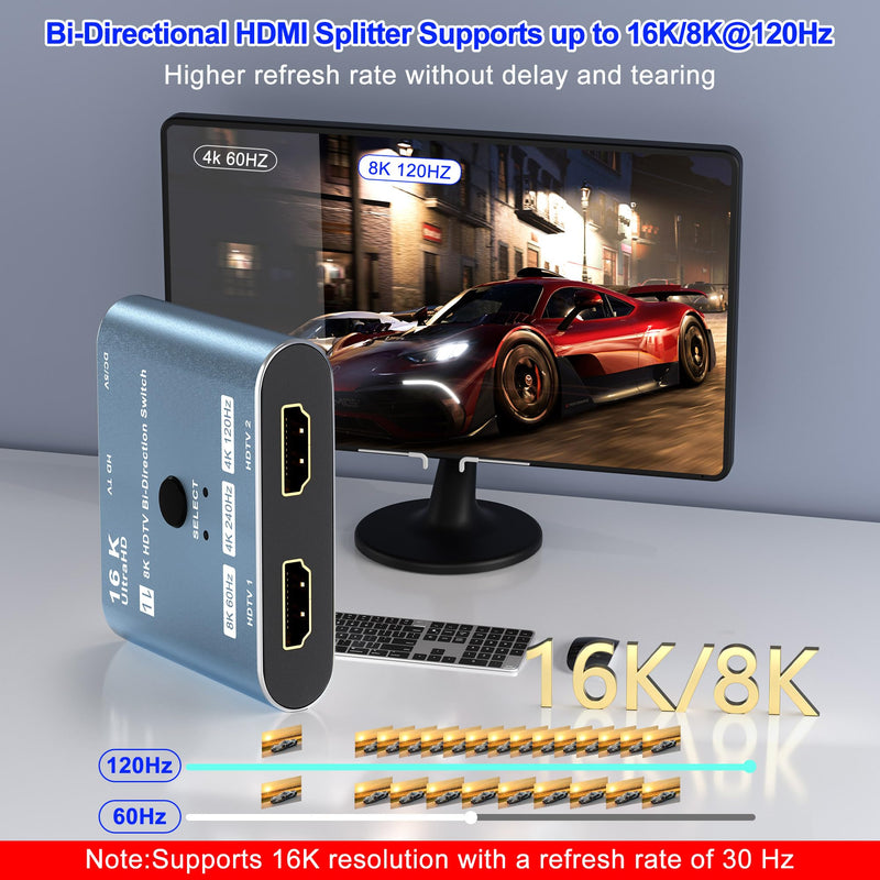 8K/16K Hdmi 2.1 Switcher 2 in 1 Out, Bidirectional Hdmi Splitter Support 4K@120HZ/240Hz 16K@30Hz/8K@60Hz DTS VRR HDR10+ Dolby, 48Gbps 2 Computers 1 Monitor Hdmi Switch for Switch PS5 Xbox Roku TV