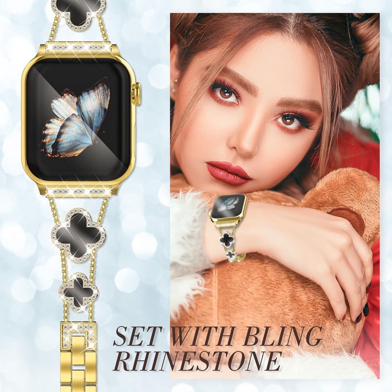 Bling Metal Band Compatible with Apple Watch Bands for Women 41mm 40mm 38mm 42mm 46mm 49mm 45mm 44mm,Adjustable Designer Cute Stylish Strap for iWatch Series11/10/9/8/7/6/5/4/3/2/1/SE/Ultra A-Gold/Black 41/40/38/42mm(Series 10/11)