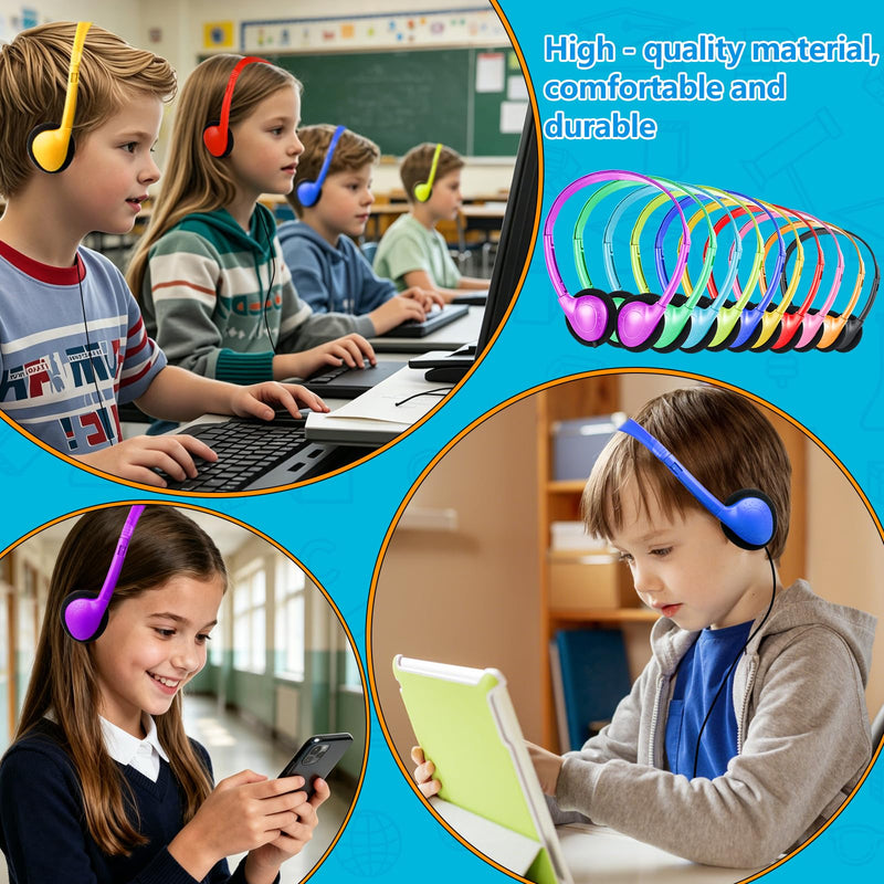 Classroom Headphones Bulk 10 Pack for Kids Students, Wired | On Ear Headphones for School Teens Adults Testing Online Learning, 3.5mm Jack for Laptop Chromebook Mixed Colors