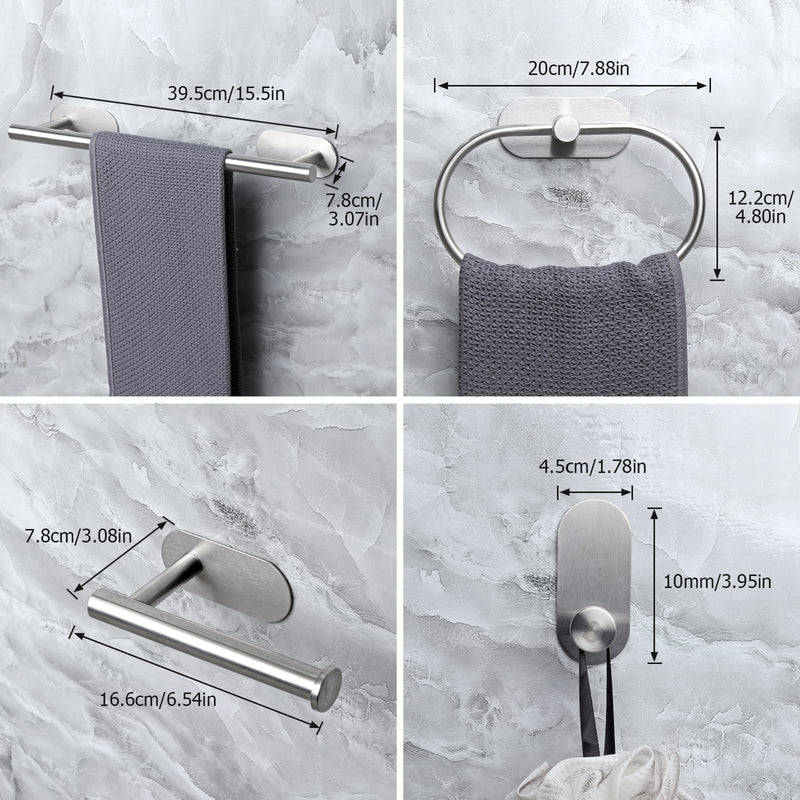 JiGiU Self Adhesive Towel Bar, Bathroom Hardware Set Include 16-Inch Bath Towel Bar,Toilet Paper Holder Towel Ring & 3 Packs Towel Hooks Stainless Steel Wall Mount No Drill Sticky on Towel Holder Kit Silver