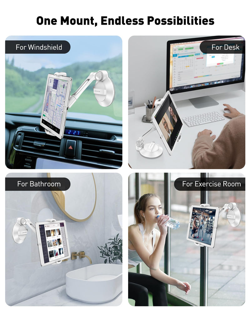 AboveTEK iPad Suction Mount, Phone Tablet Stand Holder with Suction Cup Fits 4"-11" Tablet/Phone/iPad mini/Air, Sticky iPads Mount on Window Bathroom Mirror, for Car Truck Windshield Boat (White) White