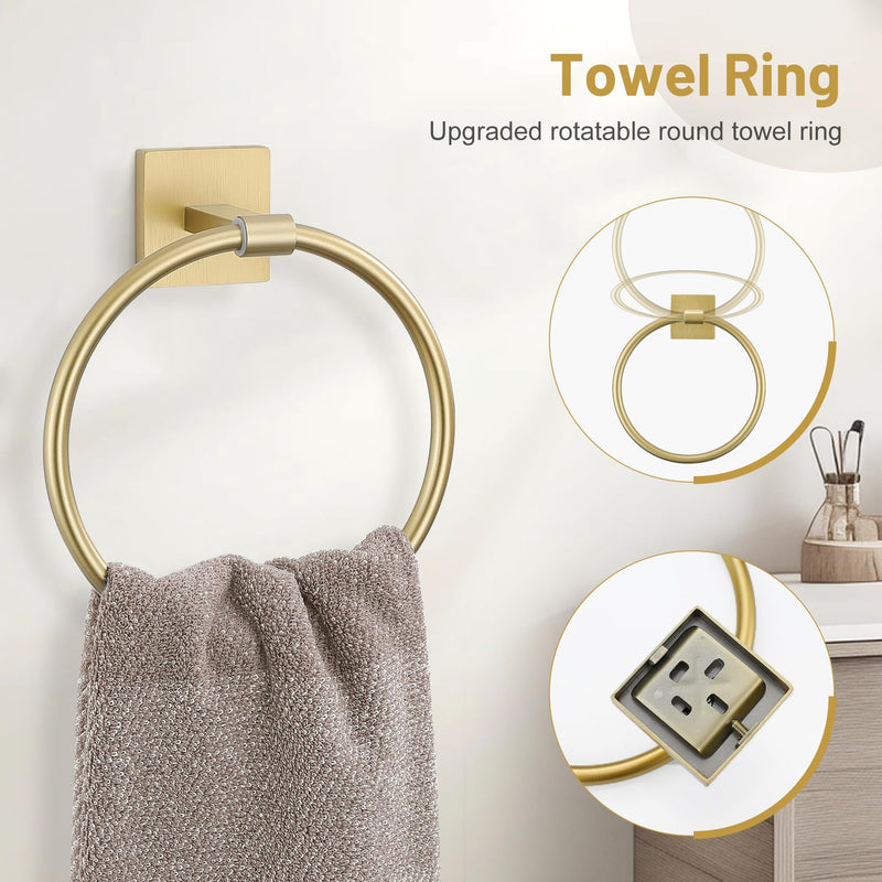 Towel Ring Set 4 Piece Bathroom Hardware Set Includes Towel Ring 2 Towel Hooks and Toilet Paper Holder Stainless Steel Wall Mounted (Brushed Gold) Brushed Gold Set C