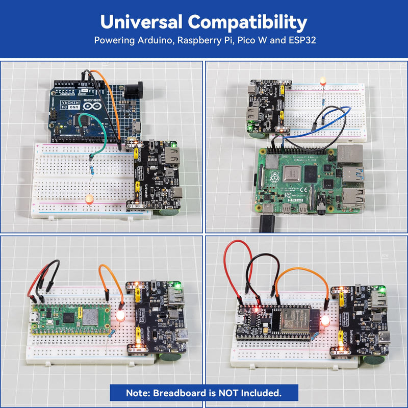 SunFounder BreadVolt Breadboard Power Supply Module Built-in Rechargeble Battery Compatible with Arduino, Raspberry Pi, Pico W, ESP32, 5V/1.5A, 3.3V/1A, USB Output (Breadboard NOT Included)