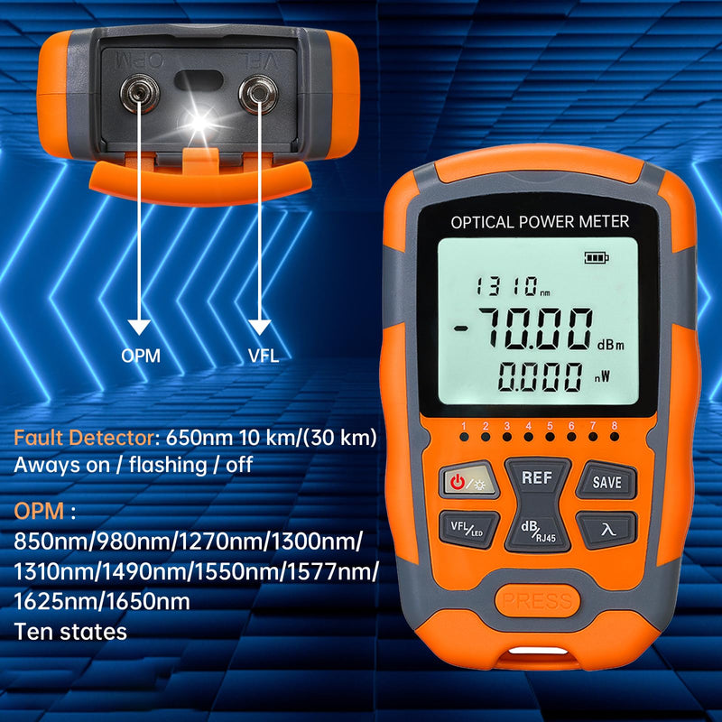 Fiber Optic Tester Portable Fiber Light Power Meter SC/FC/ST Universal Interface Fiber Tester Built-in 10Km Visual Fault Locator (OPM&VFL) with FC to LC Adapter 1