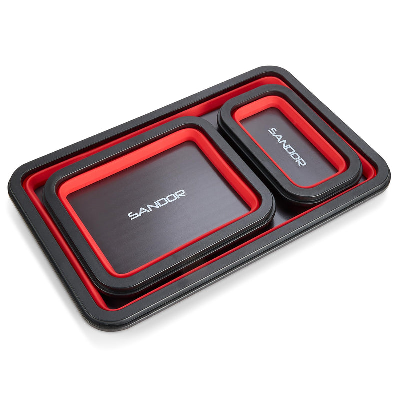 Collapsible Magnetic Parts Tray Set - 3 Different Size Tool Trays for Screw, Bolts, Nuts, Washers, Pins and Other Small Metal Parts, Mechanic Tool Gifts for Men - Red