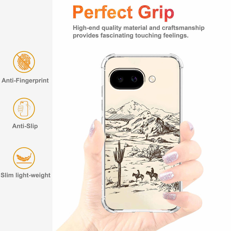 Case for Google Pixel 10a with Vintage Cowboy Art Design,Abstract Wild West Landscape Pattern,Clear Slim Soft TPU Bumper Phone Cover,6.3”(Cowgirl,P10a)
