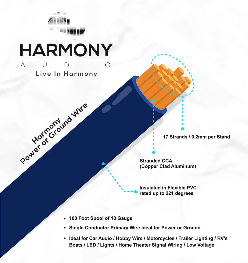  [AUSTRALIA] - Harmony Audio HA-PW18BLUE Primary Single Conductor 18 Gauge Blue Power or Ground Wire Roll 100 Feet Cable for Car Audio/Trailer/Model Train/Remote