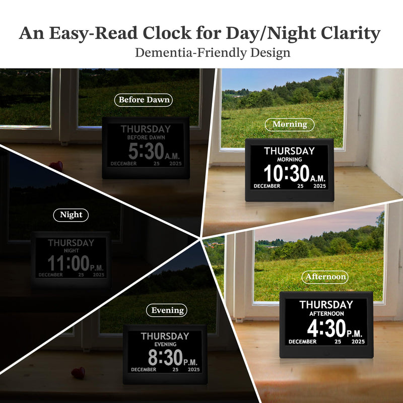 7'' Dementia Clock For Seniors, Large Display Digital Clock With Date, Time, Day Of Week for Elderly, Memory Loss, Alzheimer, 1024*600P HD, 10 Reminders & 6 Alarms, Auto Dimming & DST, Remote Control 7" Black