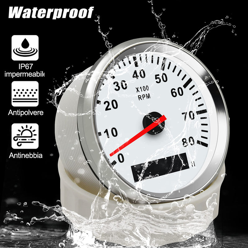 Geloo 85mm Boat Tachometer Gauge Marine RPM Tachometer Outboard Tachometer 0-8000 RPM Tacho Meter with Hour Meter RED Blacklight for Diesel Engine Car Truck Tachometer 8000RPM 12V 24V White & Silver