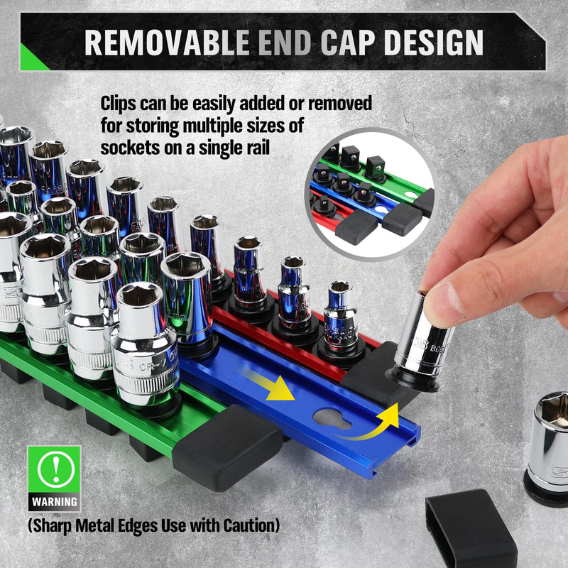 6-piece Socket Organizer Storage Set, 1/4-Inch, 3/8-Inch, 1/2-Inch Double Sided Aluminum Alloy Socket Holder Rail, Drive Socket Trays Holds 108 Sockets, 360° Swivel Clip Socket Holder Kit for Tool Box