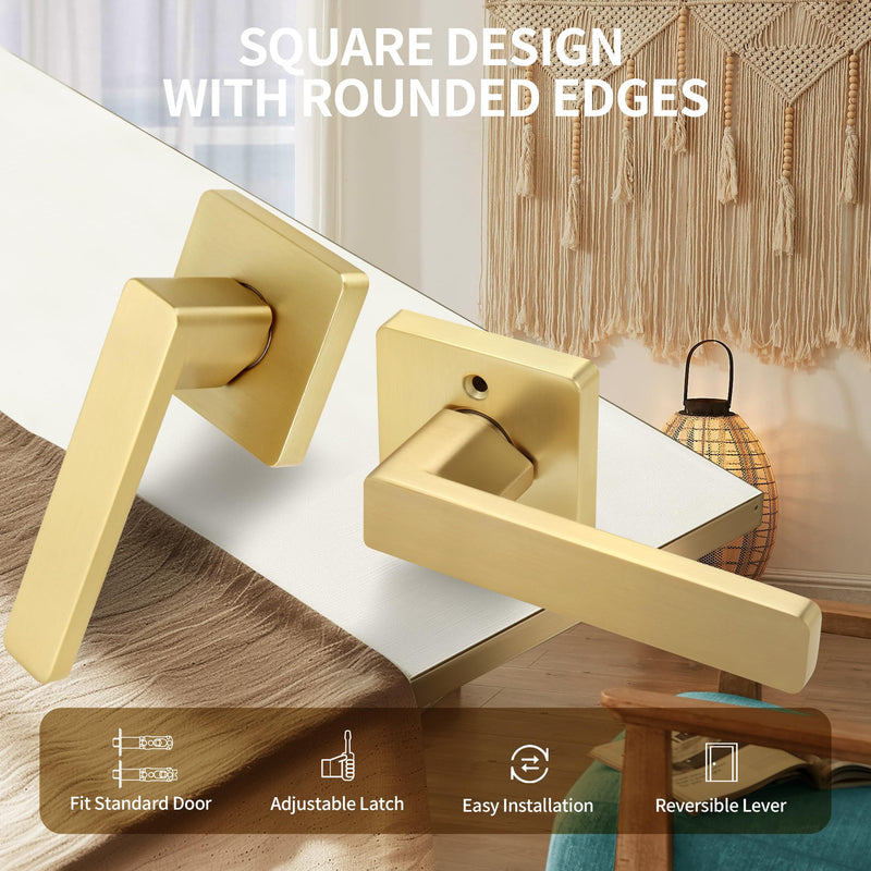 Moquin Passage Gold Door Handle Without Lock or Key, Non-Locking Heavy Duty Square Interior Door Lever for Hallway or Closet, Satin Brass 1 Pack Passage-NO Lock & NO Key