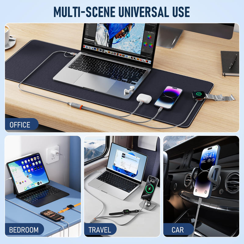 Travel Essentials 3 in 2 Multi Charging Cable 100W USB A/C to Dual USB C/for Apple Watch Charging Cable Silicone Fast Charge Compatible with iPhone 17-15 Series iPad MacBook, Type-C Devices 5FT-Grey Grey