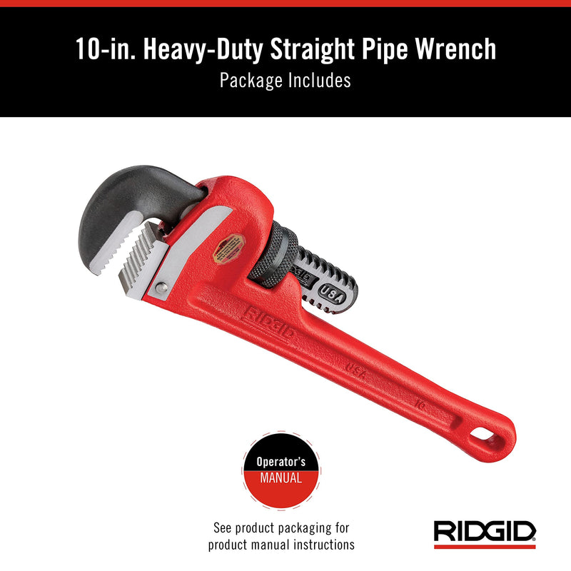 RIDGID 31010 Model 10 Heavy-Duty Straight Pipe Wrench, 10-inch Plumbing Wrench, Red, Black, 250mm (10in) 10" Durable, Heavy-Duty