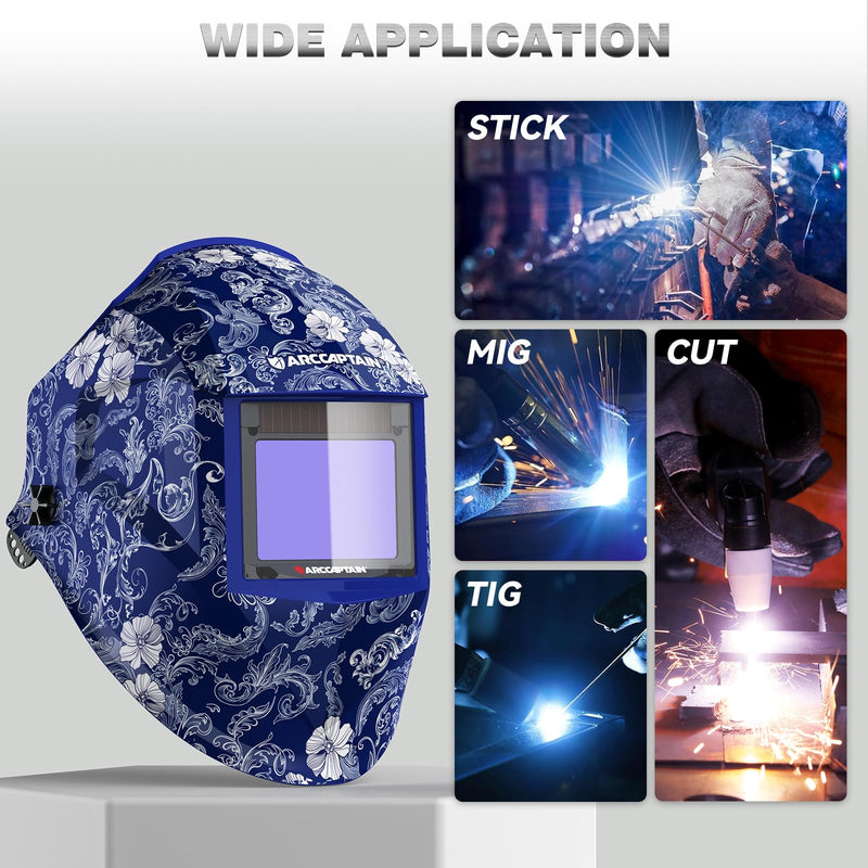 ARCCAPTAIN Internal Control Auto Darkening Welding Helmet, True Color Solar Powered Welding Hood with 4 Arc Sensors, Wide Shade 3/4-8/9-13 for ARC TIG MIG Welding Mask, FL SUN9L-Flower