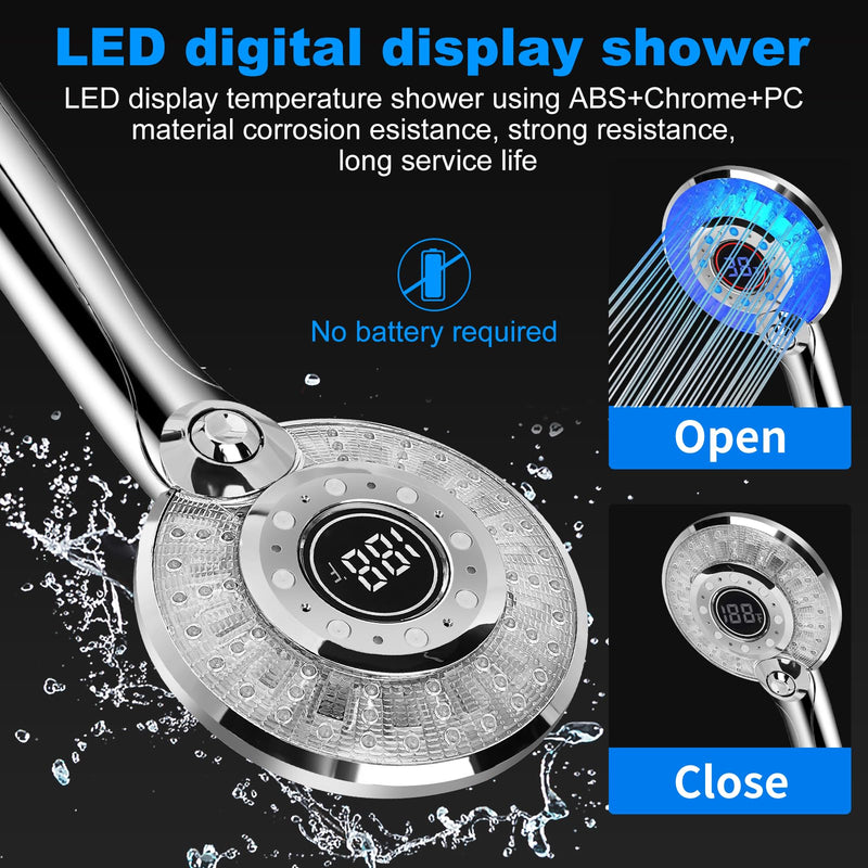 LED Shower Head Color Changing, Handheld Shower Head High Pressure with Hose, Water Saving Spray Showerheads, Discoloration Warning, Water Temperature Display, 3 Spray Modes, Easy to Install, ‎Chrome