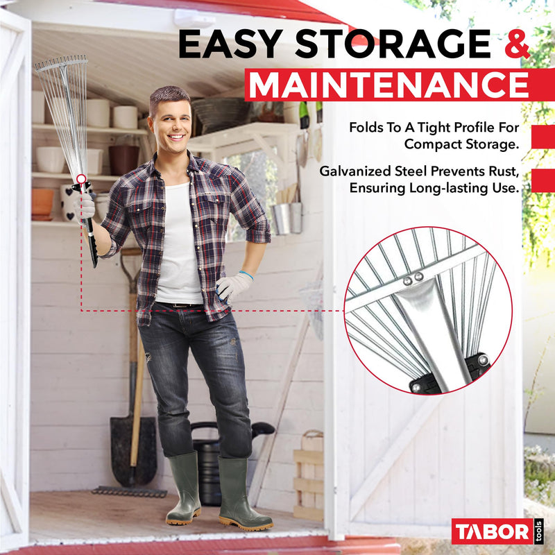 TABOR TOOLS Adjustable Metal Rake - Collapsible & Telescopic - Garden, Yard, & Lawn - Ideal for Leaves, Shrubs & Small Areas. J16A Black