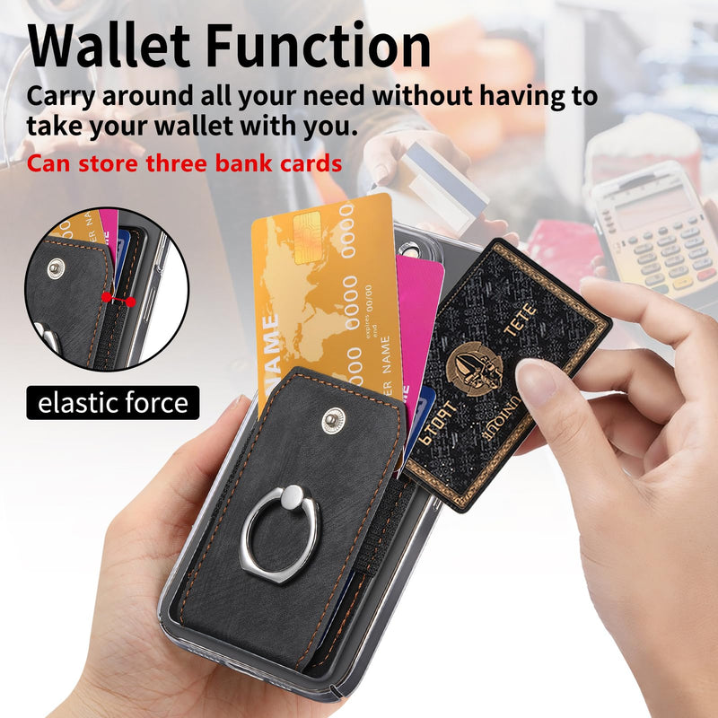 Adhesive Phone Card Holder Wallet with 360° Ring Stand-Black ﻿ | Black stick-on card pouch holds up to 3 daily cards with snap closure, ring grip and kickstand for smooth flat phone backs