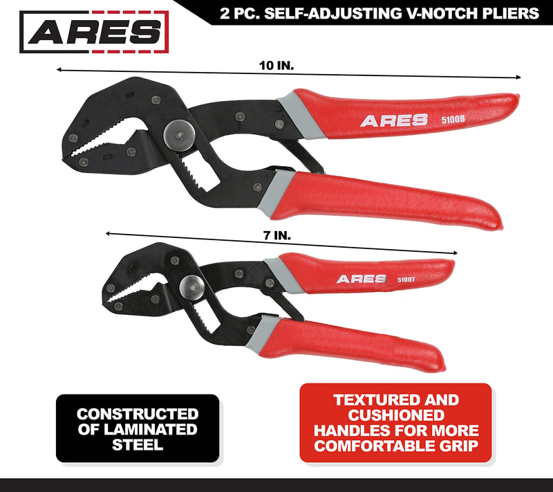 ARES 51009 – 2-Piece Self-Adjusting V-Notch Pliers Set – 7-Inch and 10-Inch Pliers - Maximum Opening Sizes of 1-5/8 Inches (42mm) and 2-3/8 Inches (60mm) – Perfect for Plumbing, Pipe, or Fastener Work 7-inch & 10-inch V-notch Pliers (2-piece)