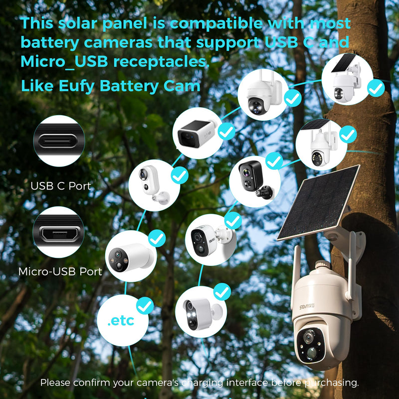 Sovmiku 5W 5V Solar Panel for Security Cameras, 23% Energy Conversion Rate,9.8Ft Cable, Type-C & Micro-USB inteface Compatible,Weather Resistant, 360° Adjustable Bracket, Continuous Power Supply USB-C & Micro_USB 1 Pack