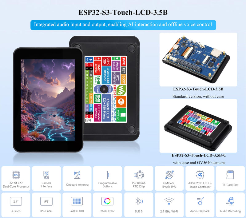 ESP32-S3 3.5inch Capacitive Touch Display Development Board, IPS LCD 320×480, QSPI and I2C, Support AI Speech Interaction,Enabling AI Interaction and Offline Voice Control, with Case + OV5640 Camera