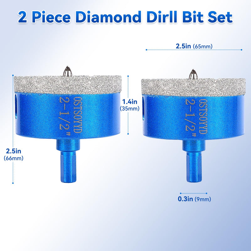 Diamond Tipped Hole Saw Set, 2 Piece 2-1/2" Diamond Hole Saw Bits with Pilot Drill Bit Accurate Drilling for Porcelain, Tile, Ceramic, Granite, Stone,Glass 65mm 2-1/2'' | 65mm
