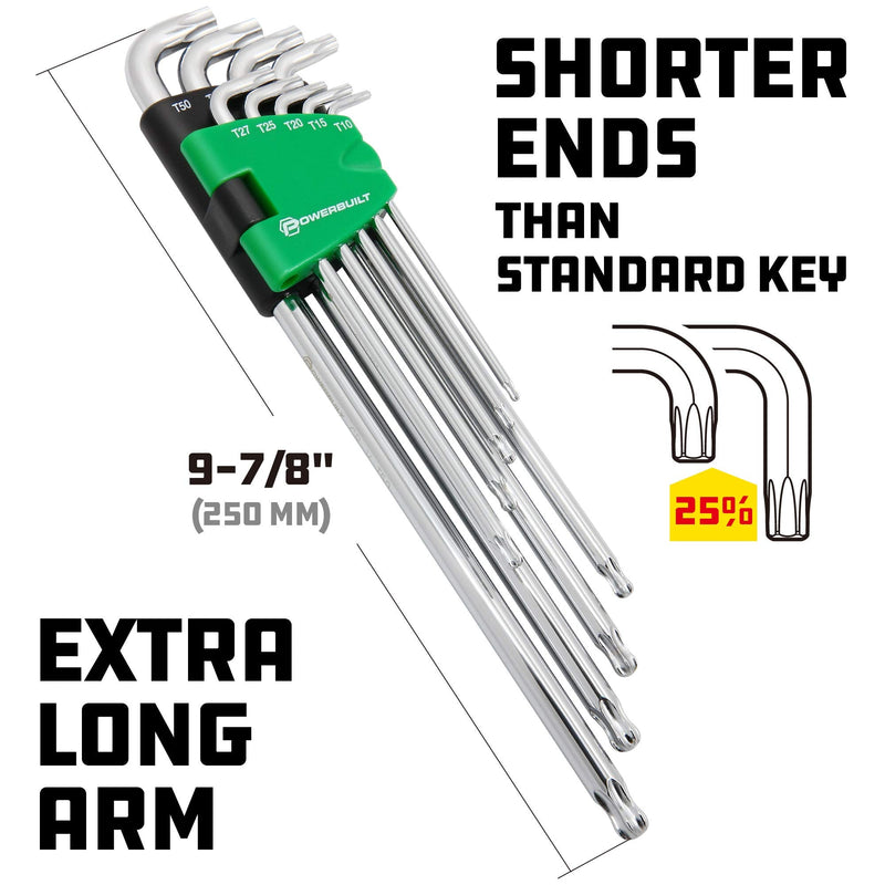 Powerbuilt 9 Piece Star Stubby Long Arm Ball End Hex Key Wrench Set, Allen Hex Key Wrench, Extra Long Arm, Ball End, size T10 to T50-240101