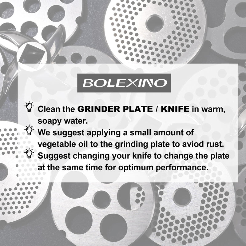 #12 Stainless Steel Grinder Plate Assortment comes with 4 stainless steel grinder plates and 2 stainless steel knives. Blade Set