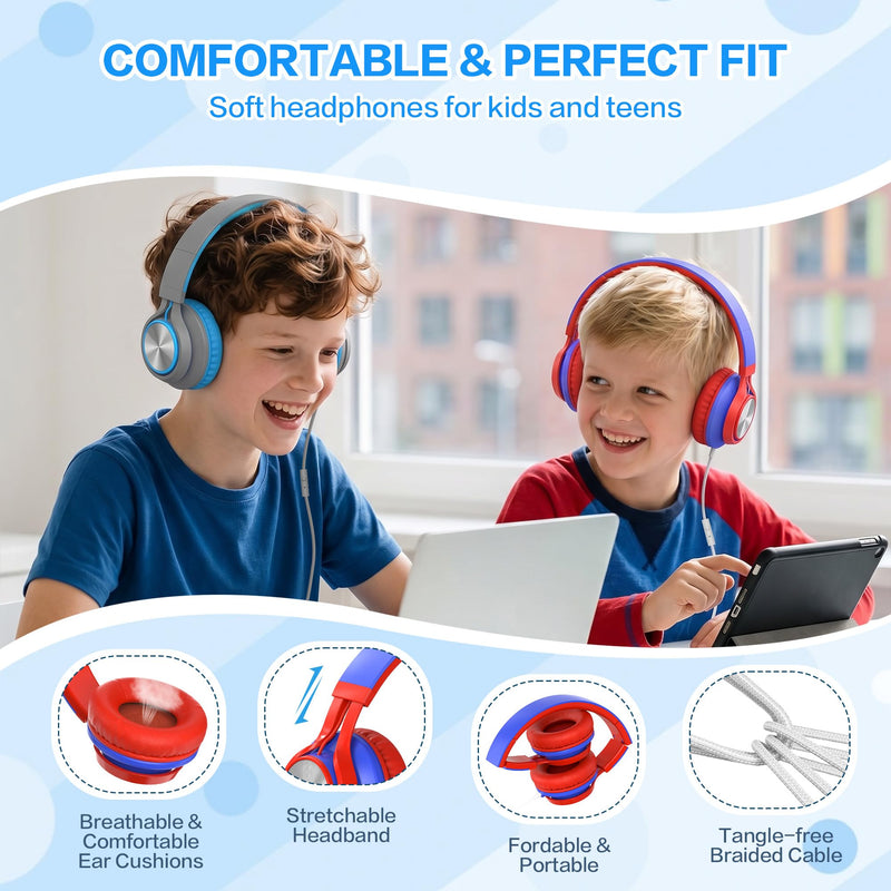 AILIHEN Kids School Headphones with Microphone & 3.5mm Jack, Red Blue | K-12 School Students Use, Travel, Comfortable, Kids & Teens, Duarable, Adjustable & Foldable, For Chromebook & Tablet