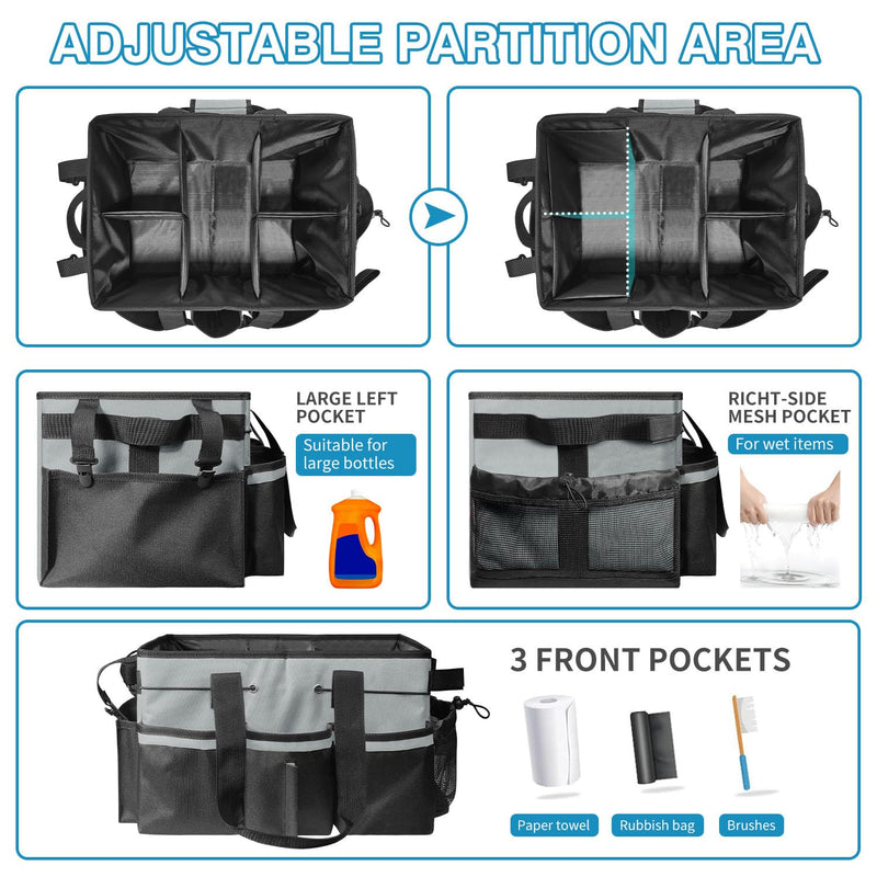 Cleaning Tool Organizer Bag with Handles | 17.8x12.2x9.3in Large Waterproof Cleaning Caddy | Detachable Shoulder Strap & Dividers | for Car Detailing, Housekeeping, Cleaners(Grey) grey