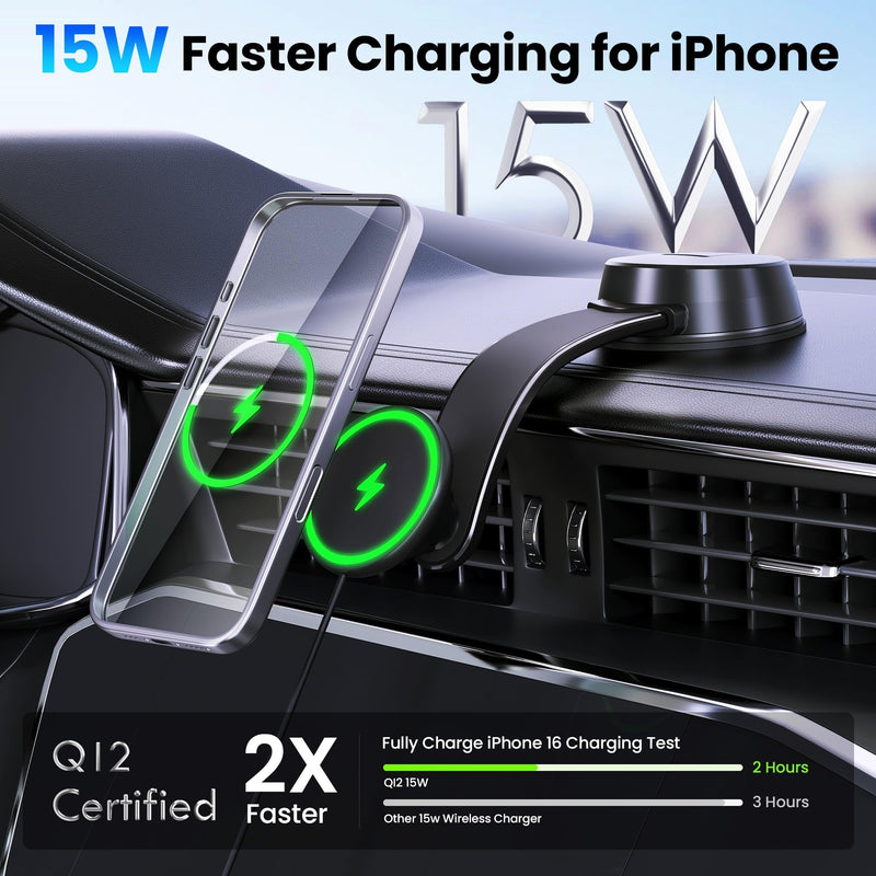 Upgrade [Qi2-Certified] 15W for MagSafe Wireless Car Charger Mount, 2XFast Charging[90+LBS Safe Suction] Magnetic Phone Holder Dashboard Windshield for iPhone 17/16/15/14/13/12 Pro Max (Iron) Iron
