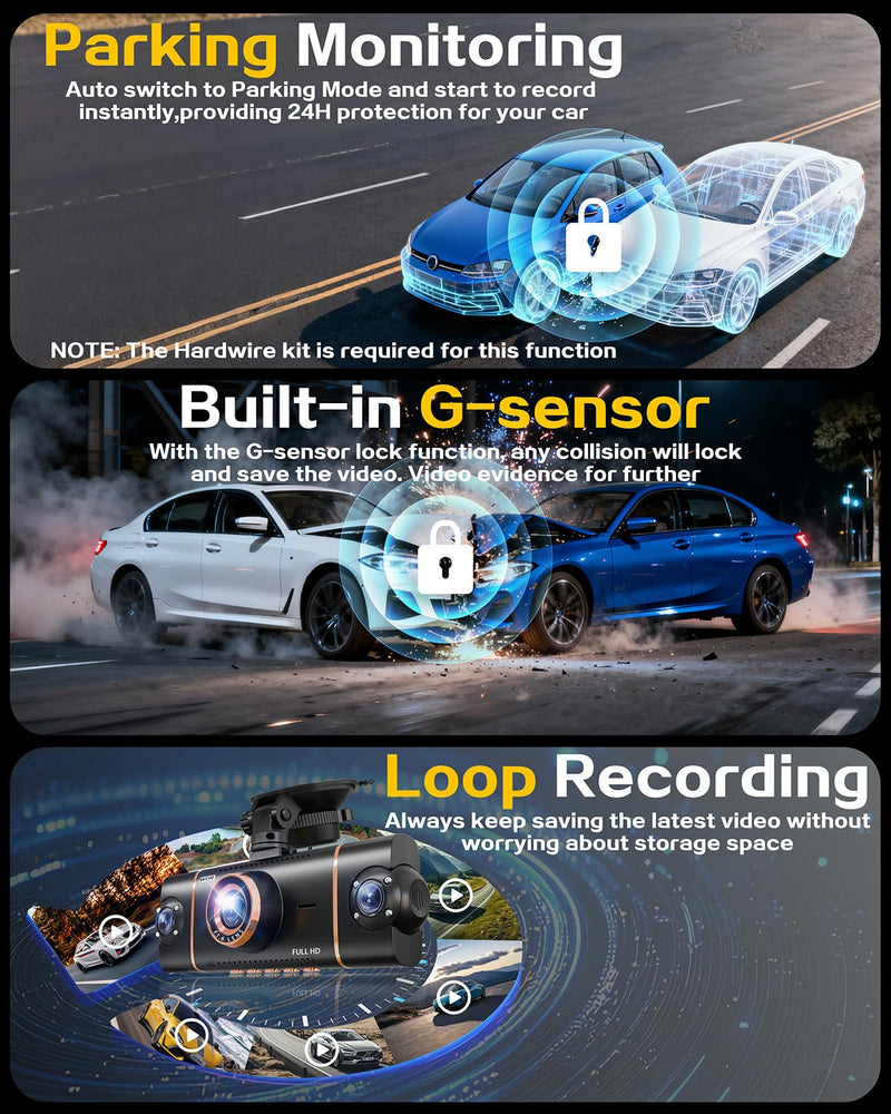 4K Dash Cam Front and Rear, WiFi Dash Camera for Cars with App | 4K+1080P*3 FHD Dash Cam, 64G Card Included, G-Sensor Emergency Lock, 8 IR Lamps Night Vision, 24H Parking Monitor, Black