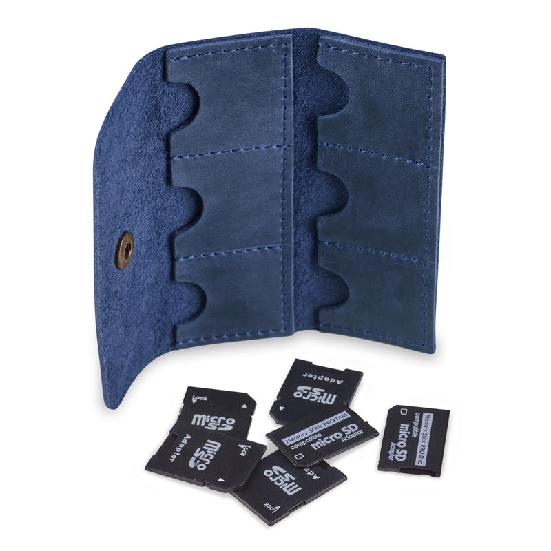 Leather SD Card Holder, SD Card Case, Micro SD Card Holder Organizer, SD Card Storage Case, Memory Card Case Cover, Travel Memory Card Case (Blue) Blue