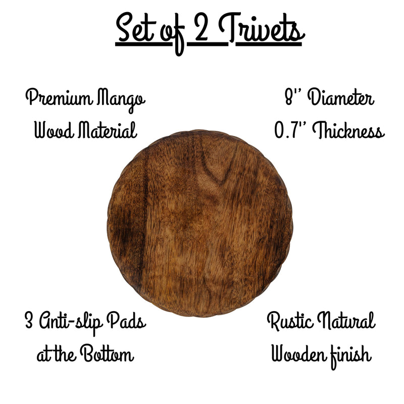 Wooden Trivets for Hot Dishes, Pots, Teapot and Pans (Set of 2) | 8'' Round Wood Dining Decorative Trivets, Kitchen Countertop Decor for Table, Christmas Thanksgiving Large Coasters Designer Edge